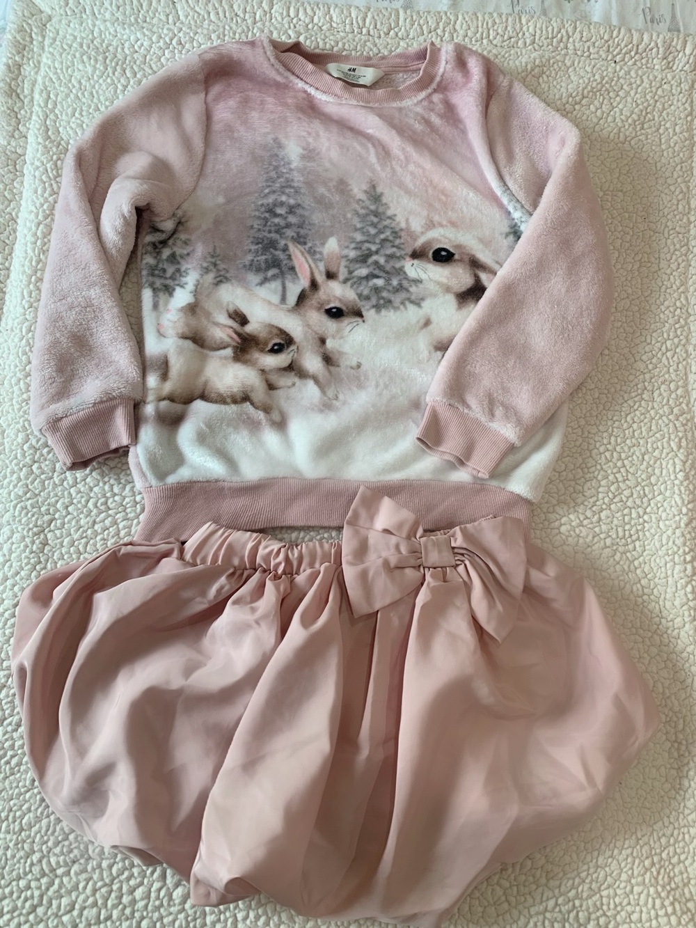 H&M Pink Bunny Print Girls Pullover and bubble Skirt Set - size 6-7